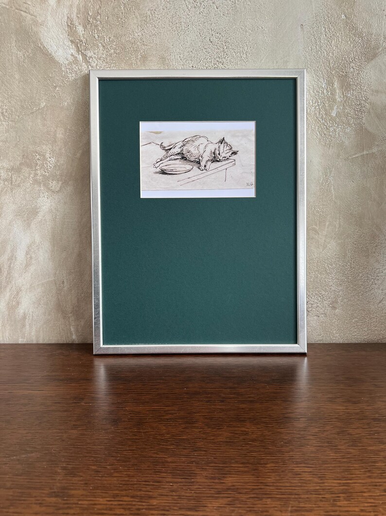 Vintage Cat Art Print, Giclée Animal Drawing in Silver Wood Frame With ...