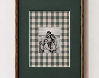 Gingham Photo Frame, Green & Beige Linen Fabric Mat, Custom Picture Frame, Cottagecore Wall Decor