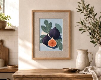 Organic Kitchen Wall Art, Mediterranean Fig Print with Natural Oak Frame, Linen Mat Board, Warm Neutral Home Decor