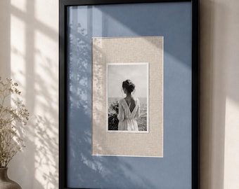Linen Mat Photo Frame, Blue Matboard Black Wood Frame, Modern Gallery Wall Decor