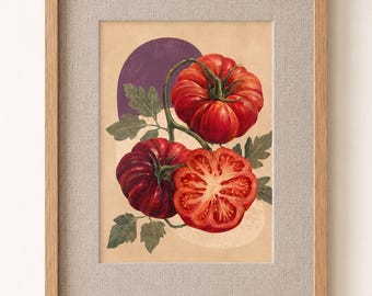 Tomato Kitchen Wall Art, Framed Vintage Food Print, Italian Kitchen Decor, Colorful Farmhouse Wall Decor in Natural Oak