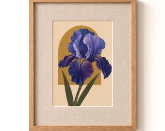 Framed Iris Botanical Print, Classic Blue Floral Wall Art, Ready to Hang Oak Frame with Linen Textured Mat, Living Room Decor
