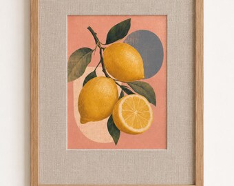 Mediterranean Kitchen Wall Art, Lemon Botanical Print, Oak Framed Artwork with Linen Mat Board, European Farmhouse Decor