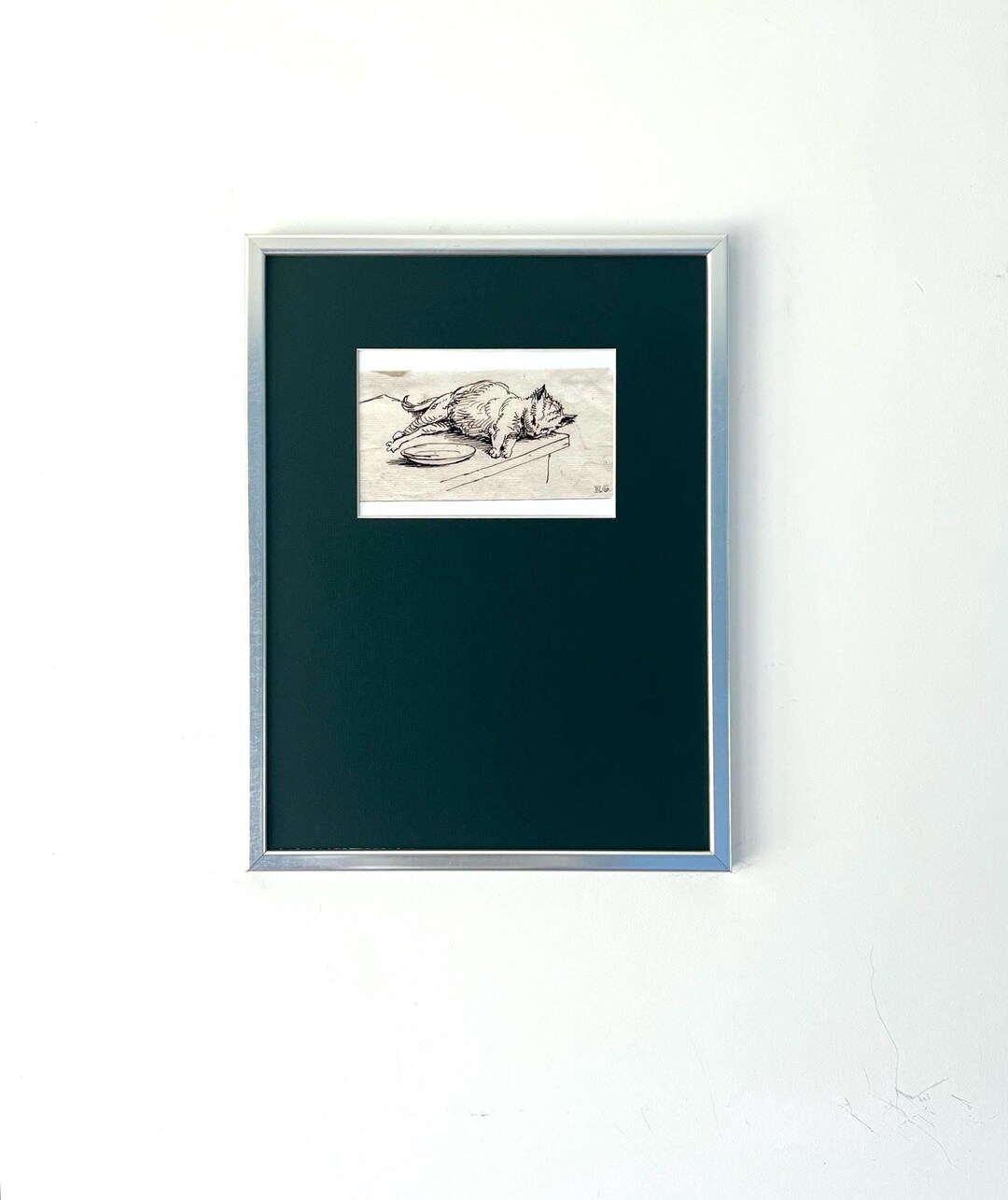 Vintage Cat Art Print, Giclée Animal Drawing in Silver Wood Frame With ...