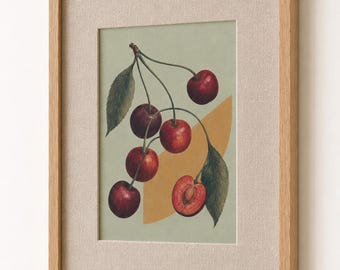 Framed Cherry Fruit Print, Cottage Kitchen Wall Art, Colorful Breakfast Nook Decor with Linen Mat