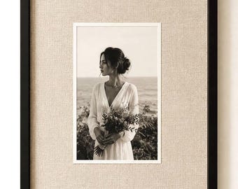 Natural Linen Framed Photograph, Black Picture Frame, Linen Mat Photo Frame, Neutral Wall Decor