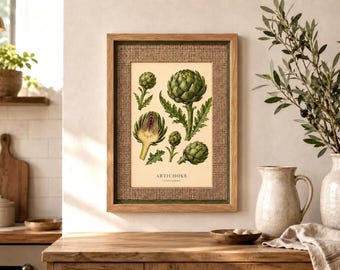 Artichoke Botanical Print, Vintage Kitchen Wall Art in Oak Frame, Culinary Garden Artwork with Linen Textured Mat, French Country Decor