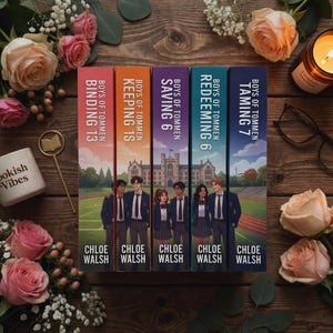 May include: A collection of five books titled "Boys of Tommen" by Chloe Walsh, with titles including "Binding 13" and "Taming 7." The image features a mug with "Bookish Vibes" and a lit candle, surrounded by roses and greenery.
