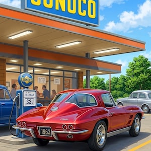 May include: A red 1963 Chevrolet Corvette Sting Ray parked at a Sunoco petrol station. The car features a split rear window, chrome bumpers, and dual taillights. A blue Sunoco petrol pump with a sign reading 32 cents is visible next to the vehicle.