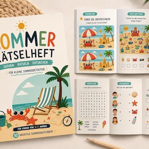 May include: A summer activity book titled SOMMER RÄTSELHEFT with a beach scene on the cover featuring a crab, palm tree, and deck chair. The book is shown with two open pages displaying puzzles, word searches, and find-the-difference games with colorful illustrations of sea creatures, shells, and beach items.