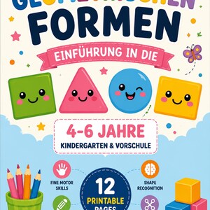 Könnte beinhalten: Ein buntes Lernheft-Cover mit dem Titel GEOMETRISCHEN FORMEN EINFÜHRUNG IN DIE 4-6 JAHRE. Es zeigt lächelnde geometrische Formen, einen Stiftehalter mit Buntstiften und Bauklötze sowie den Hinweis auf 12 ausdruckbare Seiten für Kinder.