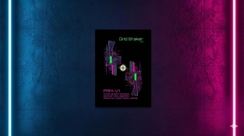 FRM-V1 // Grid Breaker // Cyberpunk Wall Art & Techwear Decor | Smart Gun Bauplan | Kantenläufer Poster Bild 1