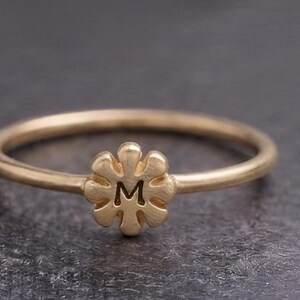 14K Gold Plated Floral Initial Ring, Dainty Personalized Band, Minimalist Stacking Jewelry