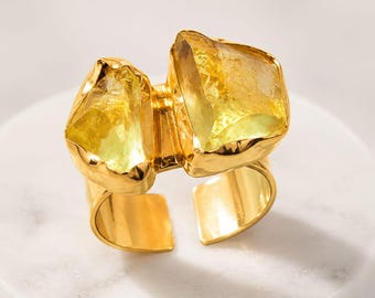 Raw Citrine Crystal Ring, Gold Adjustable, Natural Rough Stone Jewelry