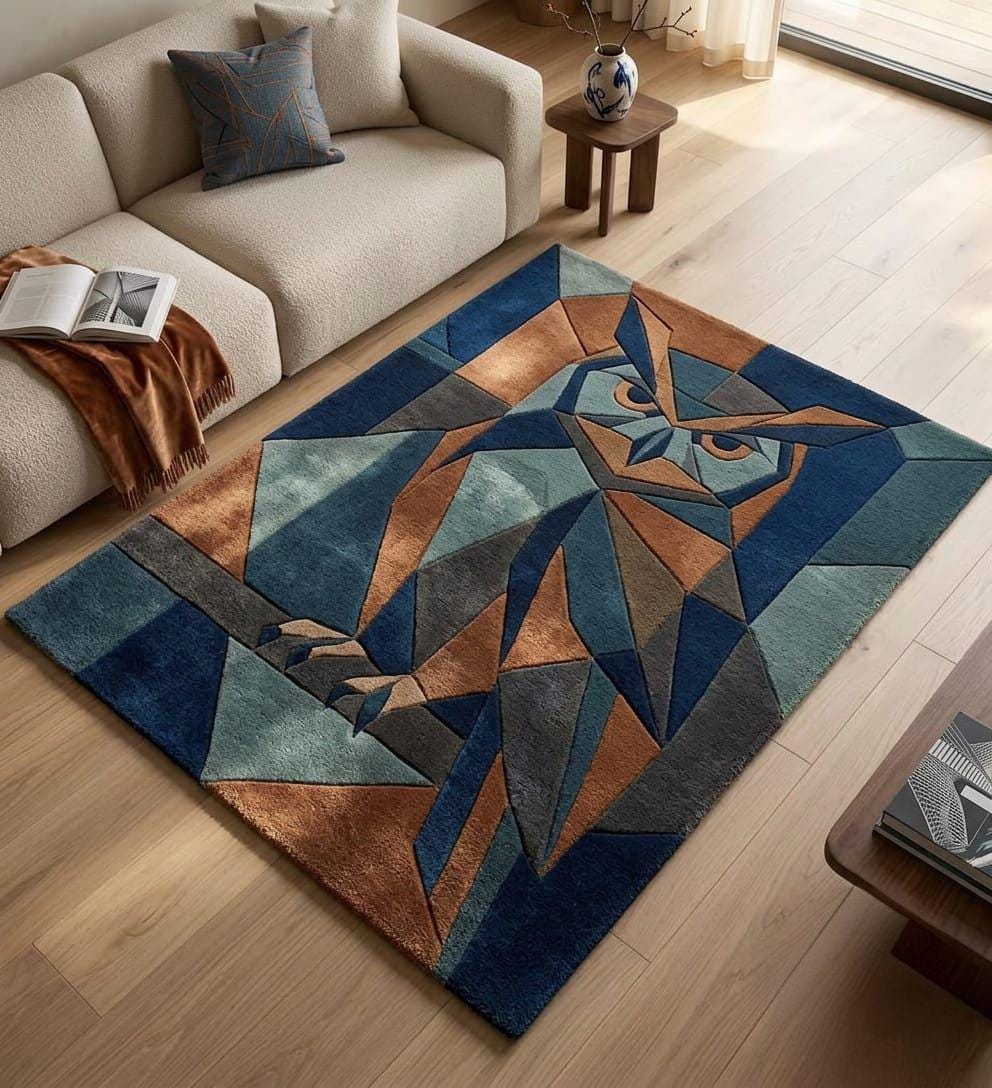 Handmade Abstract Owl Rug, Colorful Geometric Floor Rug, Art Deco Animal Carpet, Unique Housewarming