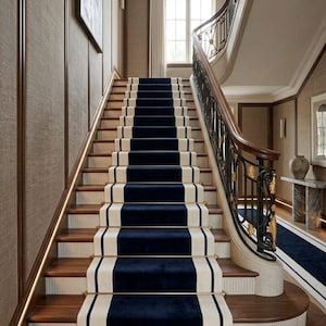 Könnte beinhalten: Eine große Treppe mit dunklen Holzstufen und einem mittigen Läufer in tiefem Marineblau mit cremefarbenen Rändern. Die Treppe verfügt über ein geschwungenes schwarzes Metallgeländer mit Goldakzenten und Messingstangen zur Befestigung.
