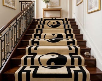 Yin Yang Stair Runner Rug | Hand Tufted Wool Stair Carpet | Custom Stair Runner | Modern Black White Geometric Runner | Luxury Staircase