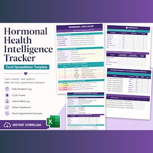 May include: A Hormonal Health Intelligence Tracker Excel spreadsheet template featuring multiple digital pages with purple and teal headers. The layout includes sections for daily symptom logs, cycle tracking, lab results, pattern dashboards, and doctor appointment summaries.