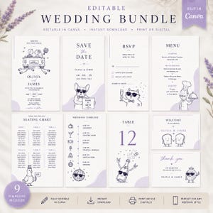 Może przedstawiać: Pakiet ślubny z dziewięcioma szablonami, w tym zaproszenia i menu. Projekty zawierają ilustracje zwierząt i przedmiotów, z ręcznie pisanym tekstem. Schemat kolorów to głównie biel i lawenda.
