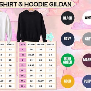 May include: A white crewneck sweatshirt and a black hooded sweatshirt are displayed above two size charts labeled Width, Length, and Sleeve. A color palette shows circles in black, white, violet, navy, grey, dark heather, green, maroon, royal, gold, purple, and orange.
