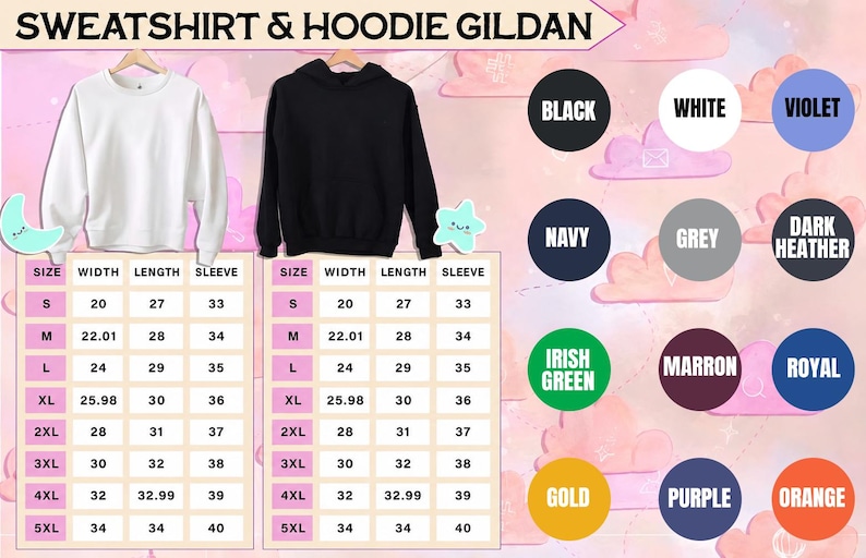 May include: A white crewneck sweatshirt and a black hooded sweatshirt are displayed above two size charts labeled Width, Length, and Sleeve. A color palette shows circles in black, white, violet, navy, grey, dark heather, green, maroon, royal, gold, purple, and orange.