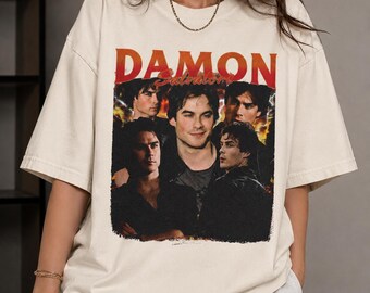 Camiseta vintage de Damon Salvatore de The Vampire Diaries, camiseta retro con estampado gráfico para fans.