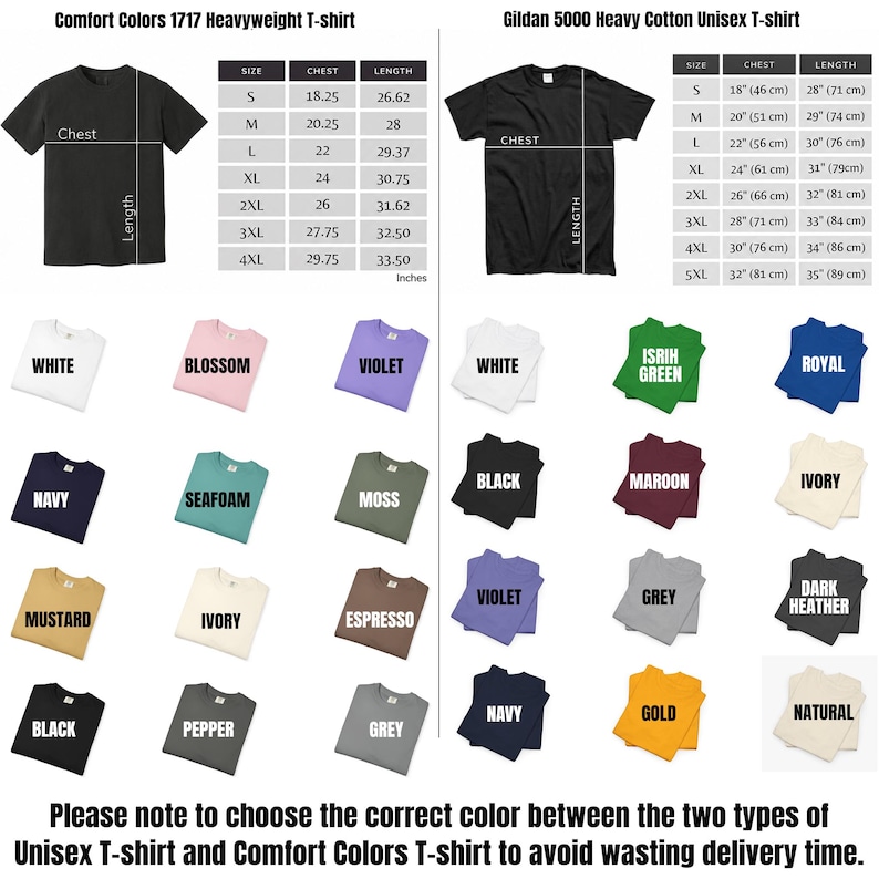May include: A comparison chart for Comfort Colors 1717 and Gildan 5000 t-shirts, displaying size charts with chest and length measurements in inches, alongside color swatches labeled White, Blossom, Violet, Navy, Seafoam, Moss, Mustard, Ivory, Espresso, Black, Pepper, Grey, Irish Green, Royal, Maroon, Dark Heather, Gold, and Natural.