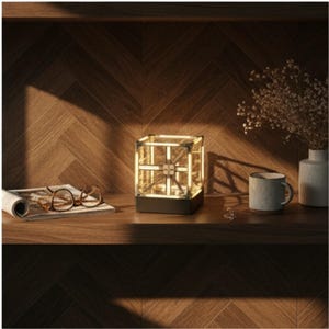 May include: A square, illuminated table lamp featuring a clear glass frame with a metallic grid structure, resting on a solid dark base. The lamp emits a warm, soft glow from within, highlighting the geometric design of the internal frame.