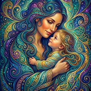 May include: A digital illustration featuring a person with long, flowing blue hair holding a small child. Both figures are surrounded by intricate, swirling gold and teal patterns that blend into a vibrant, cosmic background of deep blues and purples.
