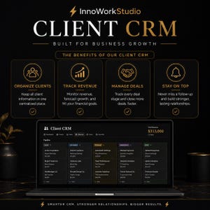 Könnte beinhalten: Ein digitales Dashboard mit dem Titel Client CRM von InnoWorkStudio, das eine Pipeline-Ansicht mit Spalten für Lead, Contacted, Proposal, Negotiation und Won zeigt. Die Benutzeroberfläche enthält Firmennamen und Umsatzdaten.