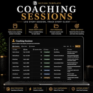 Mall för Notion Coaching-sessionsspårning – Logga klientsessioner, anteckningar och framsteg