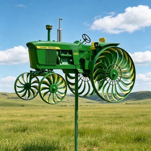 Op de afbeelding: Een groene en gele John Deere 4020 tractor-windspinner gemonteerd op een hoge metalen paal. De tractor is voorzien van grote wielen met meerdere bladen met gebogen gele en groene spaken, een stuurwiel, een zitting en een verticale uitlaatpijp.
