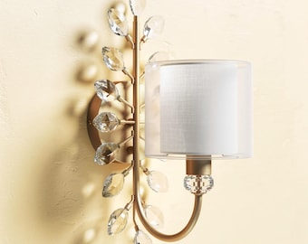 Gold Wall Sconce Crystal Leaf Bedroom Light