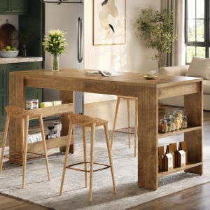 May include: A rectangular wooden kitchen island table with a light brown finish, featuring integrated side shelving units filled with glass jars and containers, accompanied by two matching wooden bar stools with thin metal footrests.