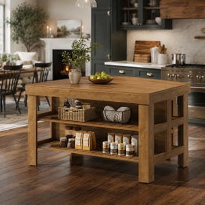 May include: A rectangular wooden kitchen island with a thick top and two open shelves. The top holds a ceramic vase with greenery and a bowl of green pears. The shelves contain a woven basket, a wire basket with plates, and various food containers.
