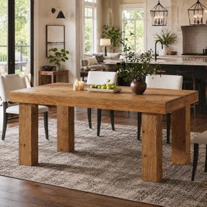 May include: A rectangular dining table constructed from light brown wood with a prominent grain pattern and four thick, block-style legs. The table surface is clear, featuring a small rectangular tray holding green limes and three white candles.