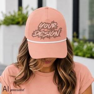 May include: A peach-colored baseball cap featuring a white cord trim along the base of the crown. The front of the cap displays the text YOUR DESIGN in a dark brown, stylized, jagged font. The cap has a structured front panel and a curved brim.