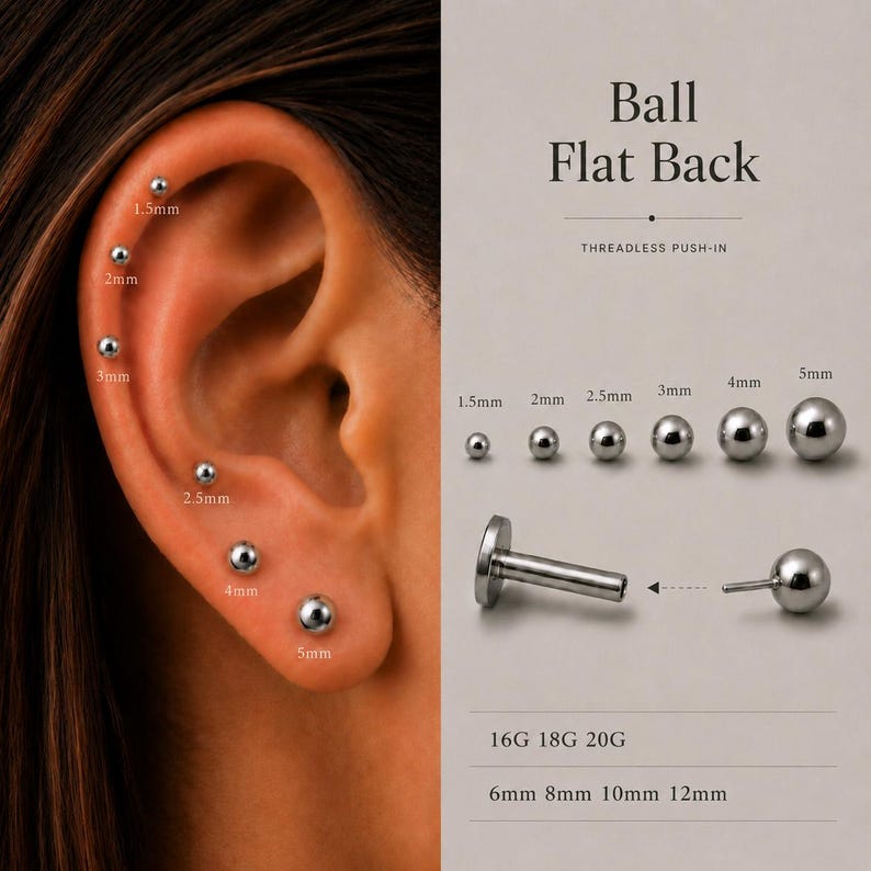 Titanium Threadless Flat Back Stud, Implant Grade Push Pin Labret Earring, Nose Tragus Cartilage Conch Helix Piercing | 16G 18G 20G, 1.5-5mm image 3