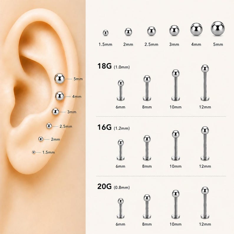 Titanium Threadless Flat Back Stud, Implant Grade Push Pin Labret Earring, Nose Tragus Cartilage Conch Helix Piercing | 16G 18G 20G, 1.5-5mm image 8