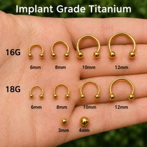 May include: A collection of gold-colored implant grade titanium circular barbell body jewelry and loose beads. The items are labeled with gauges 16G and 18G, and diameters ranging from 6mm to 12mm, with individual beads measuring 3mm and 4mm.
