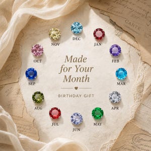 Puede incluir: Doce piedras de nacimiento redondas y facetadas dispuestas en círculo sobre papel texturizado. El texto dice Made for Your Month y BIRTHDAY GIFT, con cada piedra etiquetada por mes: JAN, FEB, MAR, APR, MAY, JUN, JUL, AUG, SEP, OCT, NOV, DEC.