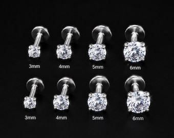 16G 18G Titanium Flat Back Stud Earrings, Internally Threaded Labret Stud, Tragus Helix Cartilage Nose Stud, Clear CZ, 6-12mm