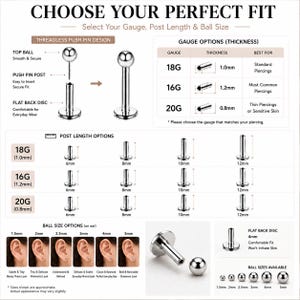 May include: A silver-coloured metal body jewellery stud featuring a threadless push-pin design with a flat back disc. The infographic displays gauge options from 18G to 20G, post lengths from 6mm to 12mm, and ball sizes ranging from 1.5mm to 5mm.