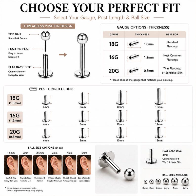 May include: A silver-coloured metal body jewellery stud featuring a threadless push-pin design with a flat back disc. The infographic displays gauge options from 18G to 20G, post lengths from 6mm to 12mm, and ball sizes ranging from 1.5mm to 5mm.