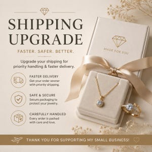 May include: A beige jewelry gift box with a satin ribbon, containing a gold necklace with a round pendant and a matching gold ring with a central stone. The text reads SHIPPING UPGRADE, FASTER. SAFER. BETTER., and THANK YOU FOR SUPPORTING MY SMALL BUSINESS.