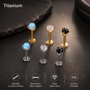 16G 18G Titanium Flat Back Stud Earrings, Opal CZ Labret Piercing Jewelry, Internally Threaded Cartilage Helix Tragus Conch Stud, 6-8mm Bar