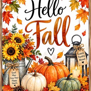 May include: A decorative sign featuring the text Hello Fall with a heart symbol. The image displays a metal watering can with sunflowers, a white pumpkin, an orange pumpkin, a green pumpkin, pinecones, red berries, and a lantern with a tag reading Grateful Thankful Blessed. The watering can tag reads Good Vibes Cozy Days Happy Hearts.