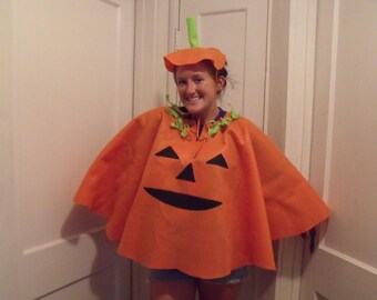 pumpkin poncho orange felt costume jack o lantern adult sizes 36xs 38sm 42md 48lg stem hat easy fit halloween warm climate handmadeusa