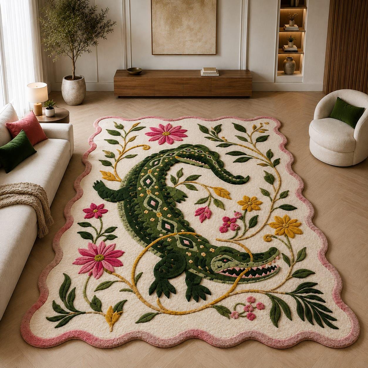Handmade Floral Crocodile Wool Area Rug with Scalloped Edge Living Room Decor