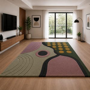 Abstract Geometric Hand-Tufted Rug with Sage Green Blush Pink and Mustard Accents Living Room